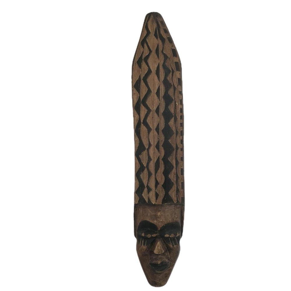 VTG Barotse People Tribal Wood Face Wall Plaque‎ Hand Carved 20"x4"